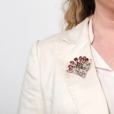 Lot 92 - Antique Platinum, Gold, Pink and Purple Sapphire and Diamond Peacock Brooch