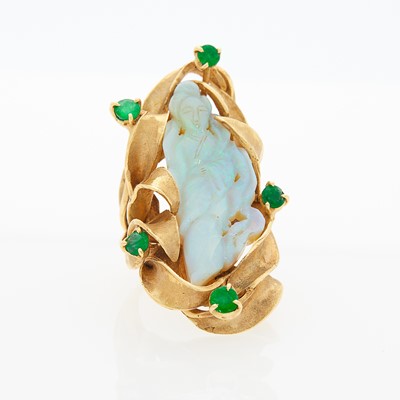 Lot 1214 - Gold, Carved Opal and Emerald Ring