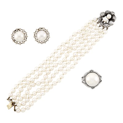 Lot 1095 - Group of Yellow and White Gold, Silver, Cultured and Mabé Pearl and Diamond Jewelry