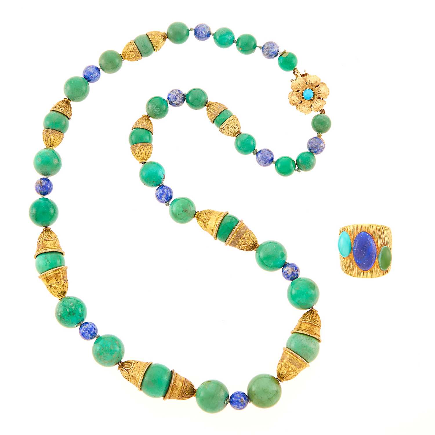 Lot 1017 - Gold, Gilt-Metal, Lapis and Turquoise Bead Necklace and Wide Ring