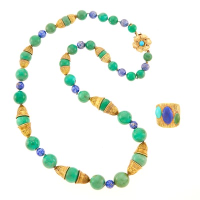 Lot 1017 - Gold, Gilt-Metal, Lapis and Turquoise Bead Necklace and Wide Ring