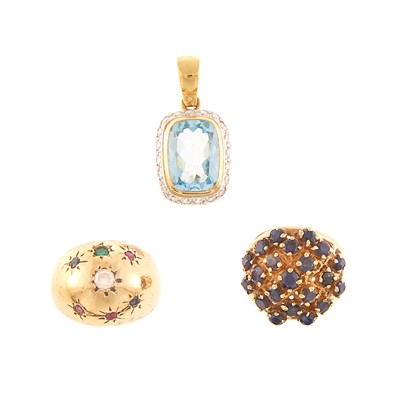 Lot 1100 - Gold, Blue Topaz and Diamond Pendant, Sapphire Ring and Gem-Set Bombé Ring