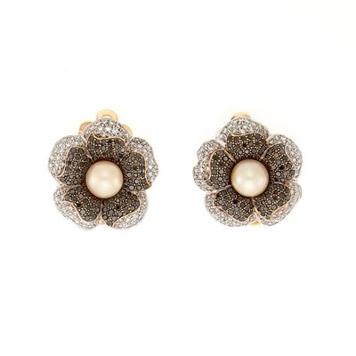Lot 1112 - Pair of Two-Color Gold, Golden Cultured Pearl, Black Diamond and Diamond Flower Earclips