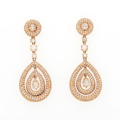 Lot 1124 - Pair of Rose Gold and Diamond Pendant-Earrings