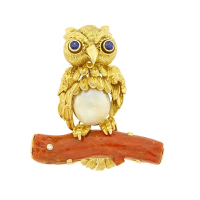 Lot 1149 - Gold, Semi-Baroque Cultured Pearl, Branch Coral and Sapphire Owl Brooch
