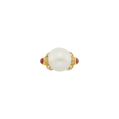 Lot 11 - Van Cleef & Arpels Gold, South Sea Cultured Pearl, Cabochon Ruby and Diamond Ring, France