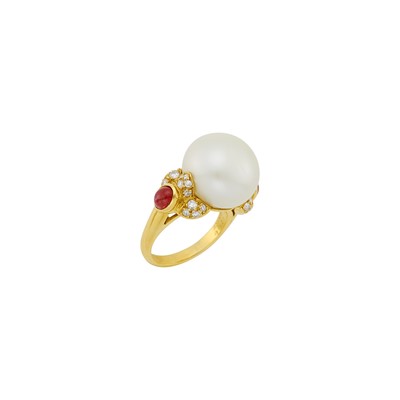 Lot 11 - Van Cleef & Arpels Gold, South Sea Cultured Pearl, Cabochon Ruby and Diamond Ring, France