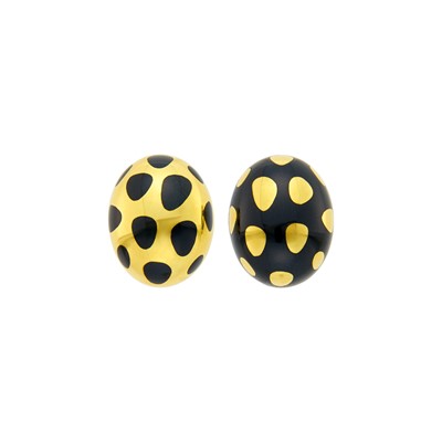 Lot 111 - Tiffany & Co. Pair of Gold and Black Jade 'Postive Negative' Earrings