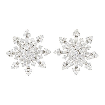 Lot 239 - Van Cleef & Arpels Pair of Platinum and Diamond Snowflake Earclips, France