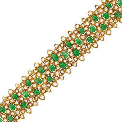 Lot 149 - Kutchinsky Wide Gold, Cabochon Emerald and Diamond Bracelet