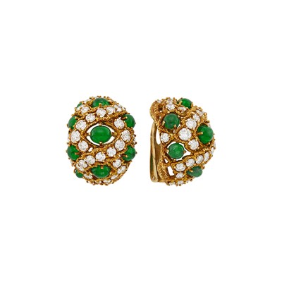 Lot 146 - Kutchinsky Pair of Gold, Cabochon Emerald and Diamond Earclips