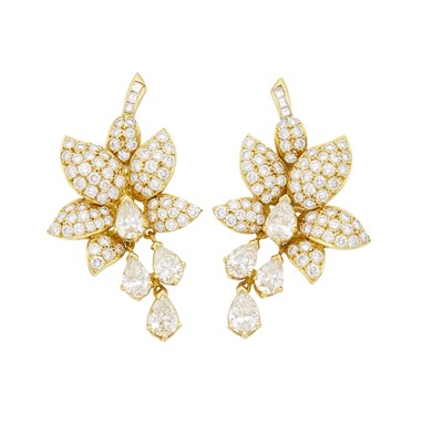 Lot 140 - Pair of Gold and Diamond Flower Pendant-Earclips