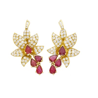 Lot 137 - Pair of Gold, Ruby and Diamond Flower Earclips