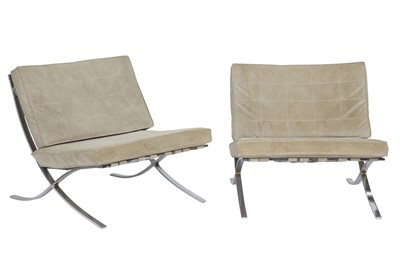 Lot 532 - Pair of Chromed Metal and Upholstered Barcelona Style Chairs