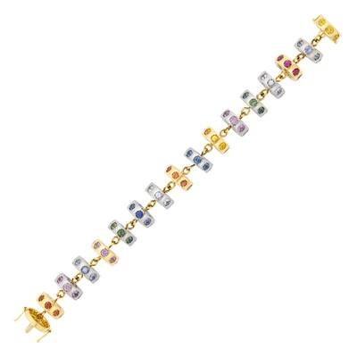 Lot 52 - Two-Color Gold, Multicolored Sapphire and Ruby Circle Link Bracelet
