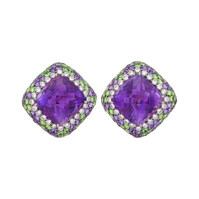 Lot 56 - Moussaieff Pair of Blackened Gold, Amethyst, Diamond and Green Garnet Earclips