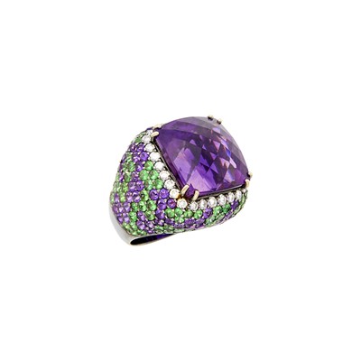 Lot 57 - Moussaieff Blackened Gold, Amethyst, Diamond and Green Garnet Ring