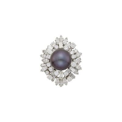 Lot 207 - Platinum, Tahitian Black Cultured Pearl and Diamond Ring