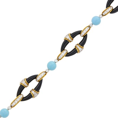 Lot 196 - Kutchinsky Two-Color Gold, Black Onyx, Reconstituted Turquoise and Diamond Bracelet