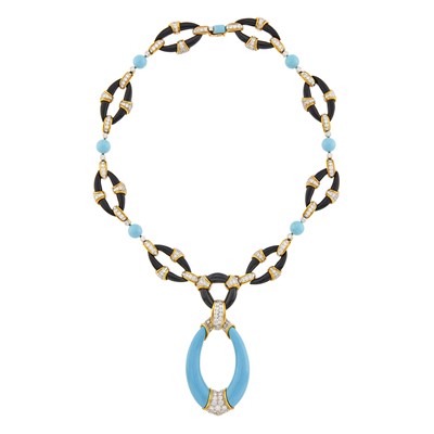 Lot 197 - Kutchinsky Two-Color Gold, Black Onyx, Reconstituted Turquoise and Diamond Pendant-Necklace