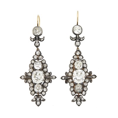 Lot 107 - Pair of Antique Silver, Gold and Diamond Pendant-Earrings