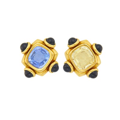 Lot 40 - Pair of Gold, Yellow and Blue Sapphire and Black Onyx Earclips, France