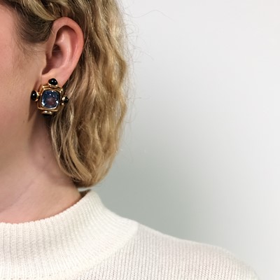 Lot 40 - Pair of Gold, Yellow and Blue Sapphire and Black Onyx Earclips, France