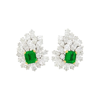Lot 234 - Kutchinsky Pair of Platinum, Gold, Emerald and Diamond Cluster Earclips