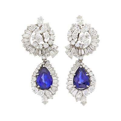 Lot 227 - Cartier Pair of Platinum, Diamond and Sapphire Pendant-Earclips