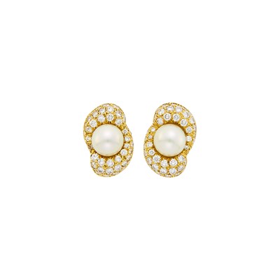 Lot 28 - Van Cleef & Arpels Pair of Gold, Cultured Pearl and Diamond Earclips