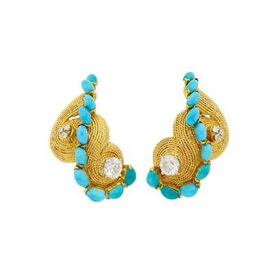 Lot 133 - David Webb Pair of Gold, Turquoise and Diamond Earrings