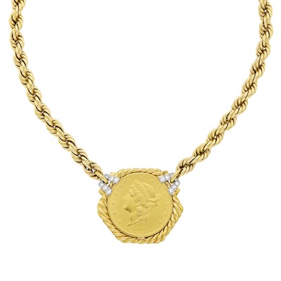 Lot 26 - David Webb Gold, Platinum, Gold Coin and Diamond Pendant with Gold Rope-Twist Chain Necklace