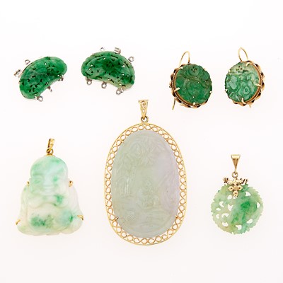 Lot 1097 - Three Gold and Carved Jade Pendants, Pair of Earrings and Two Clasps