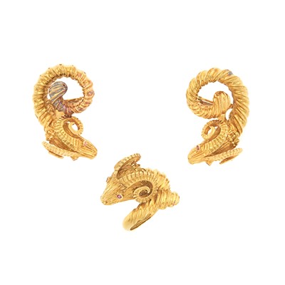Lot 1038 - Pair of Gold Ram's Head Earclips and Ring