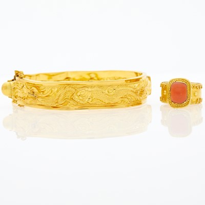 Lot 1058 - High Karat Gold Bangle Bracelet and Gold and Coral Ring