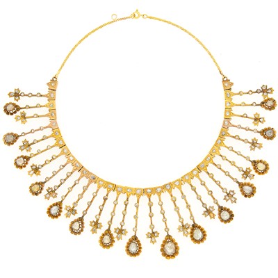 Lot 1154 - Brass, Gold and Diamond Fringe Necklace