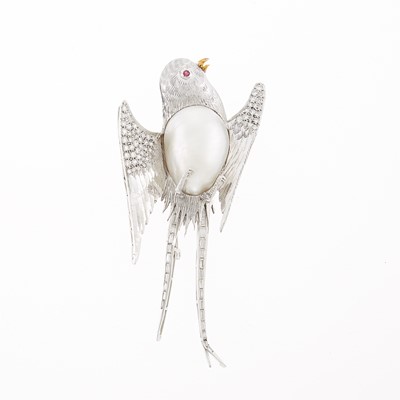 Lot 1165 - White Gold, Blister Pearl and Diamond Bird Brooch