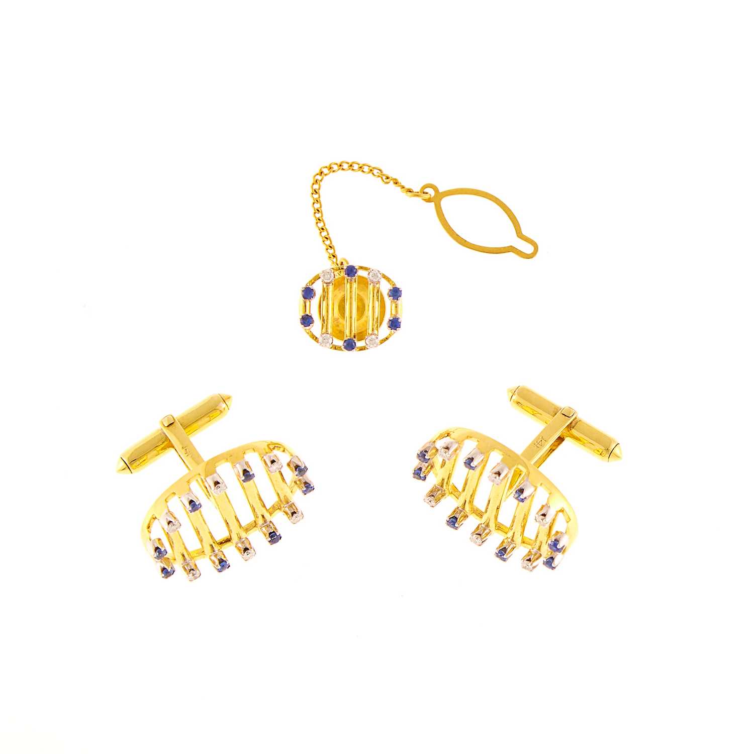 Lot 1078 - Pair of Gold, Sapphire and Diamond Cufflinks and Tie Tac