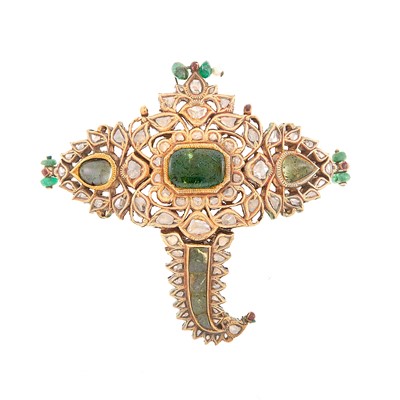 Lot 1054 - Indian Gold, Silver, Jaipur Enamel, Foil-Backed Emerald and Diamond, Emerald Bead and Pearl Brooch