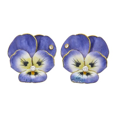 Lot 1018 - Pair of Gold, Enamel and Diamond Pansy Earclips