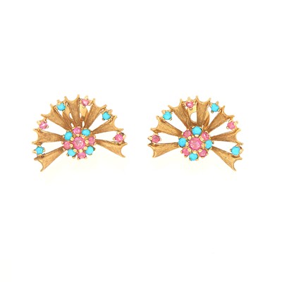 Lot 1012 - Pair of Gold, Turquoise and Ruby Fan Earclips