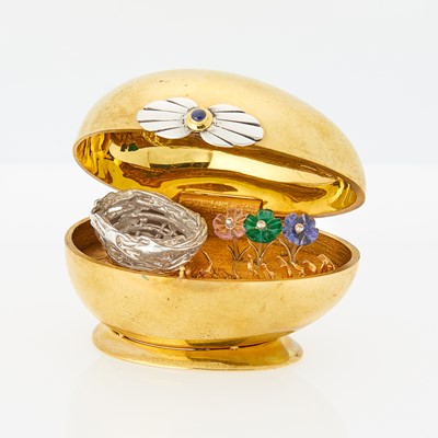 Lot 1108 - Cartier Gold-Plated Bronze, Silver and Gem-Set Egg Objet