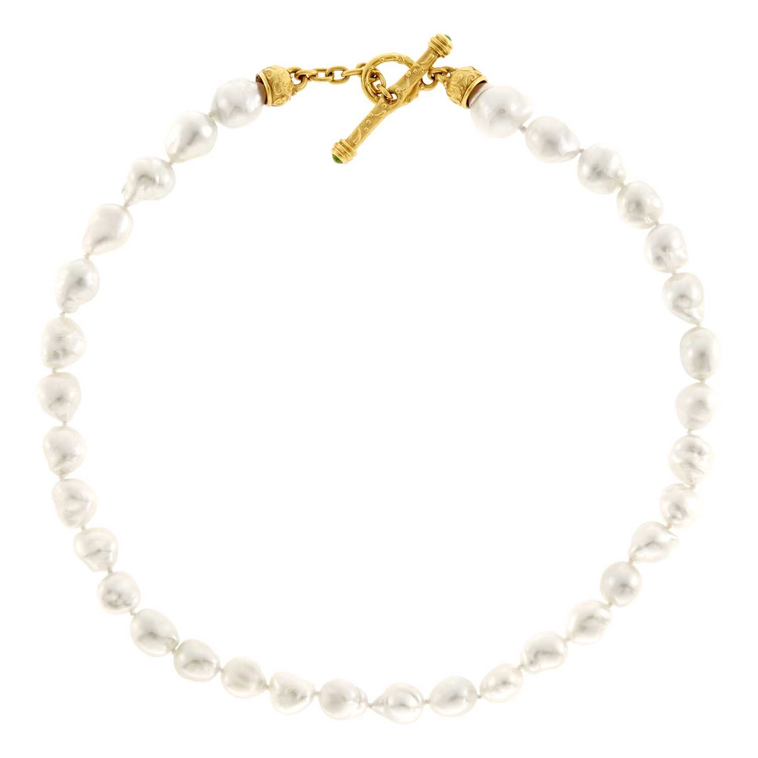 Lot 1029 - Baroque Cultured Pearl Necklace with Gold and Cabochon Emerald Toggle Clasp