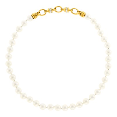 Lot 1255 - Gold, Cultured Pearl and Diamond Necklace