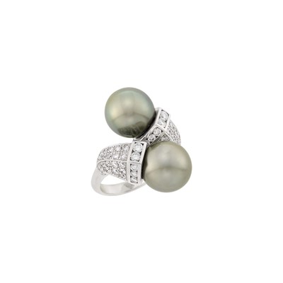 Lot 71 - White Gold, Tahitian Gray Cultured Pearl and Diamond Crossover Ring