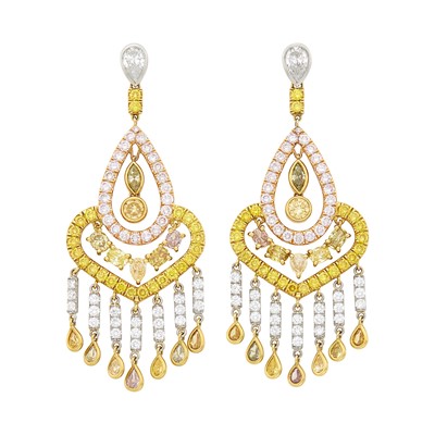 Lot 89 - Pair of Tricolor Gold, Diamond and Colored Diamond Fringe Pendant-Earrings