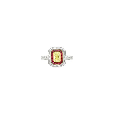 Lot 91 - Platinum, White Gold, Light Yellow Diamond, Diamond and Ruby Ring