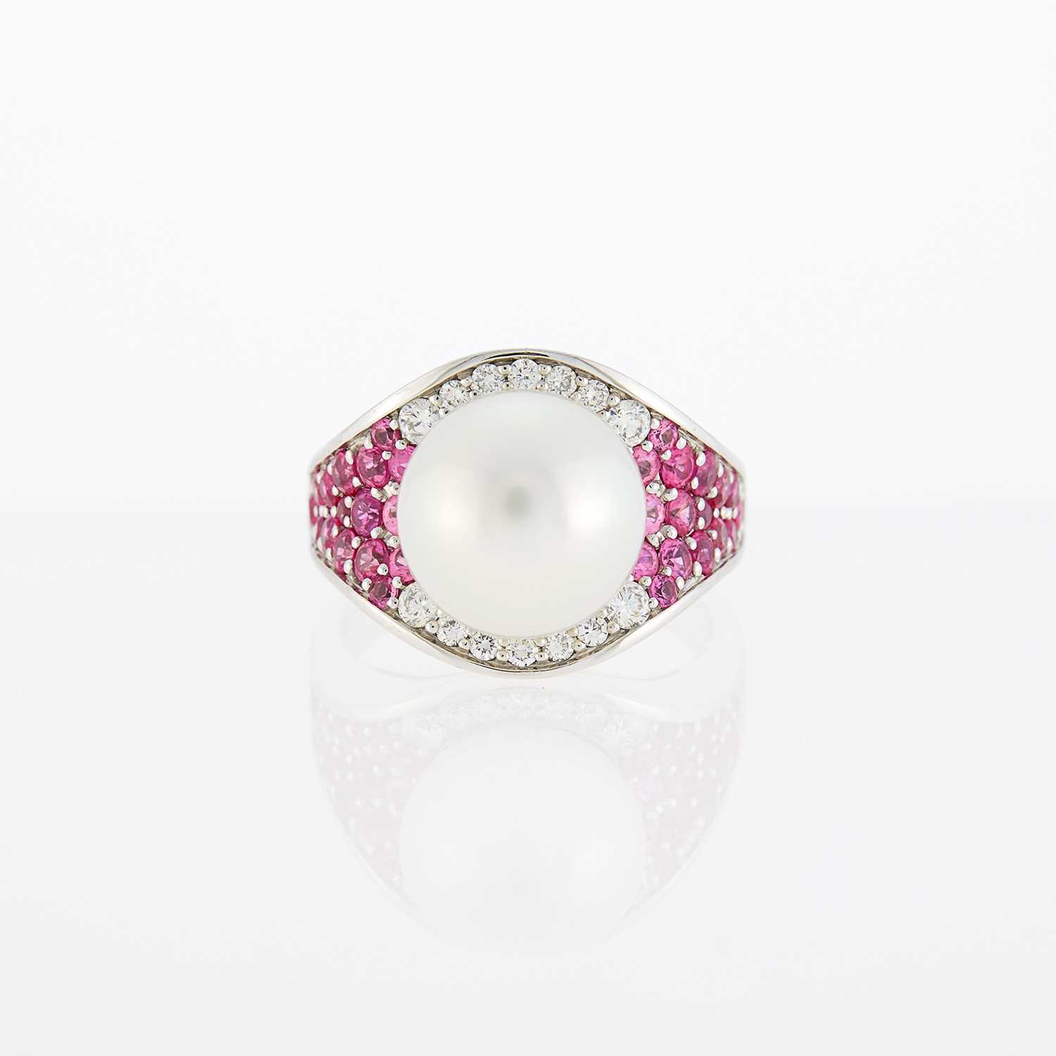 Lot 1092 - White Gold, Cultured Pearl, Pink Sapphire and Diamond Ring