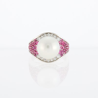 Lot 1092 - White Gold, Cultured Pearl, Pink Sapphire and Diamond Ring