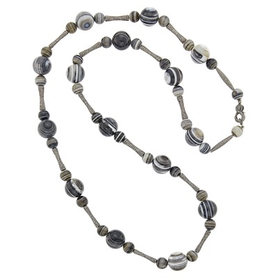 Lot 118 - Long Oxidized Silver, Banded Agate Bead and Diamond Necklace